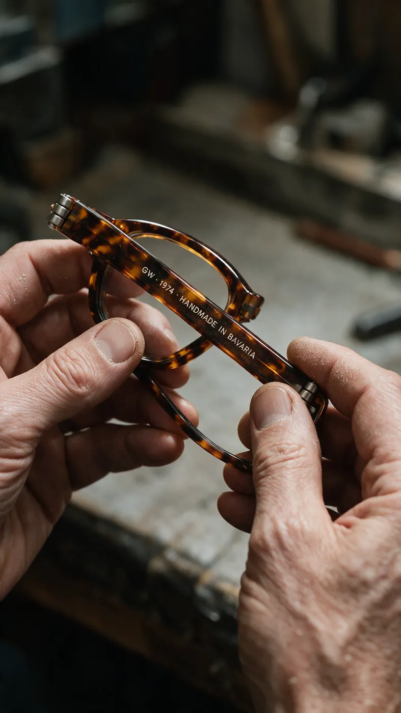 A finished CN-05 held at the bench, temple engraved GW 1974 Handmade in Bavaria